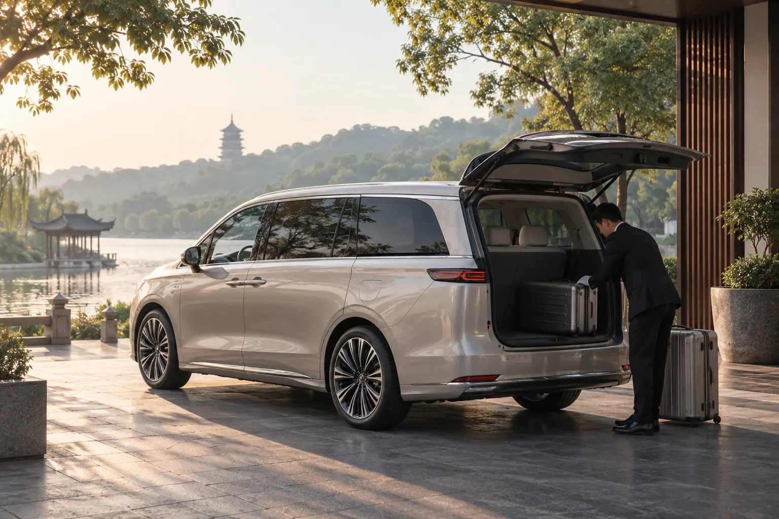A family boarding a spacious premium electric MPV in China