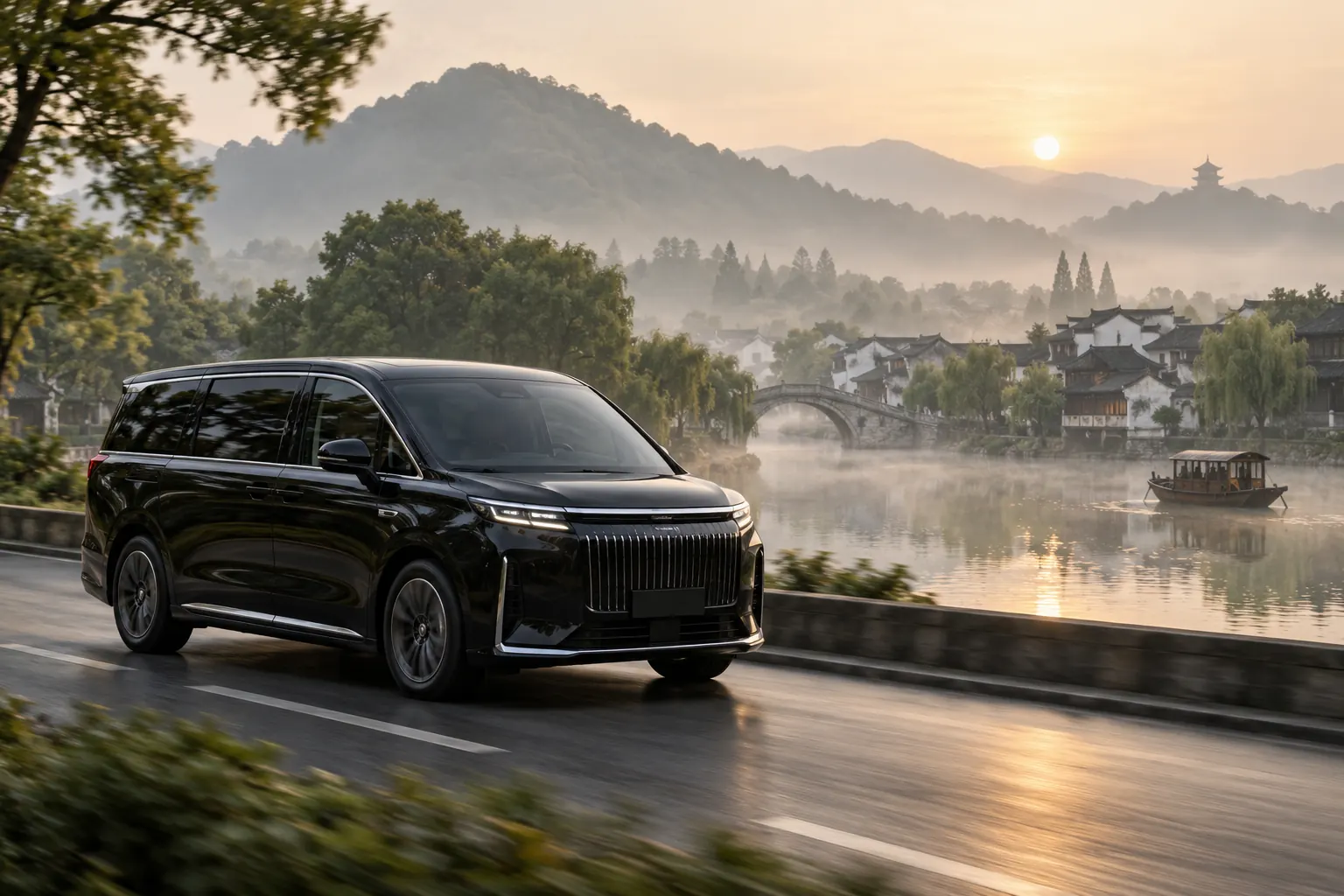 Premium electric MPV travelling between dramatic Chinese landscapes